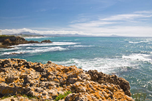 istock panoramic view on beautiful atlantic coastline with turquoise ocean and mountains in basque country, biarritz, france 804557206