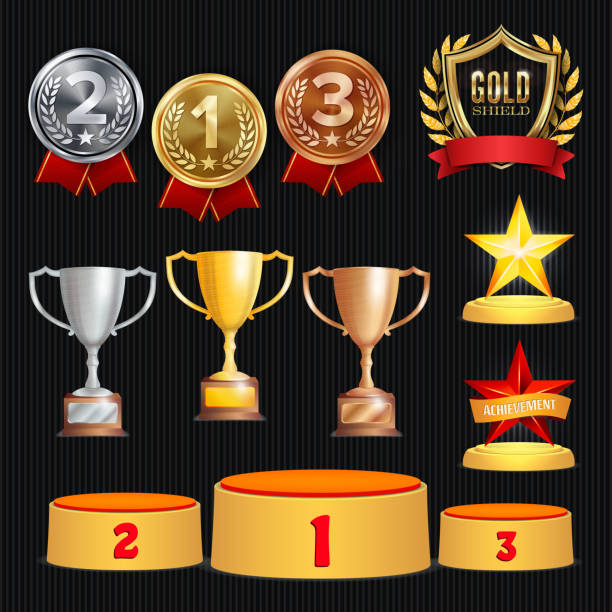 Award Trophies Vector Set. Achievement For 1st, 2nd, 3rd Place Ranks. Ceremony Placement Podium. Golden, Silver, Bronze Achievement. Championship Stars. Laurel Wreath With Gold Shield Award Trophies Vector Set. Achievement For 1st, 2nd, 3rd Place Ranks. Ceremony Placement Podium. Golden, Silver, Bronze Achievement. Championship Stars. Laurel Wreath most valuable player stock illustrations