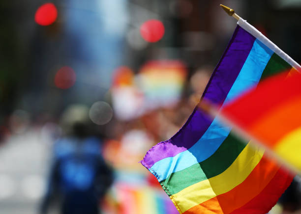 Pride parade Gay rainbow flags are seen during New York Pride Parade lgbtqia pride event photos stock pictures, royalty-free photos & images