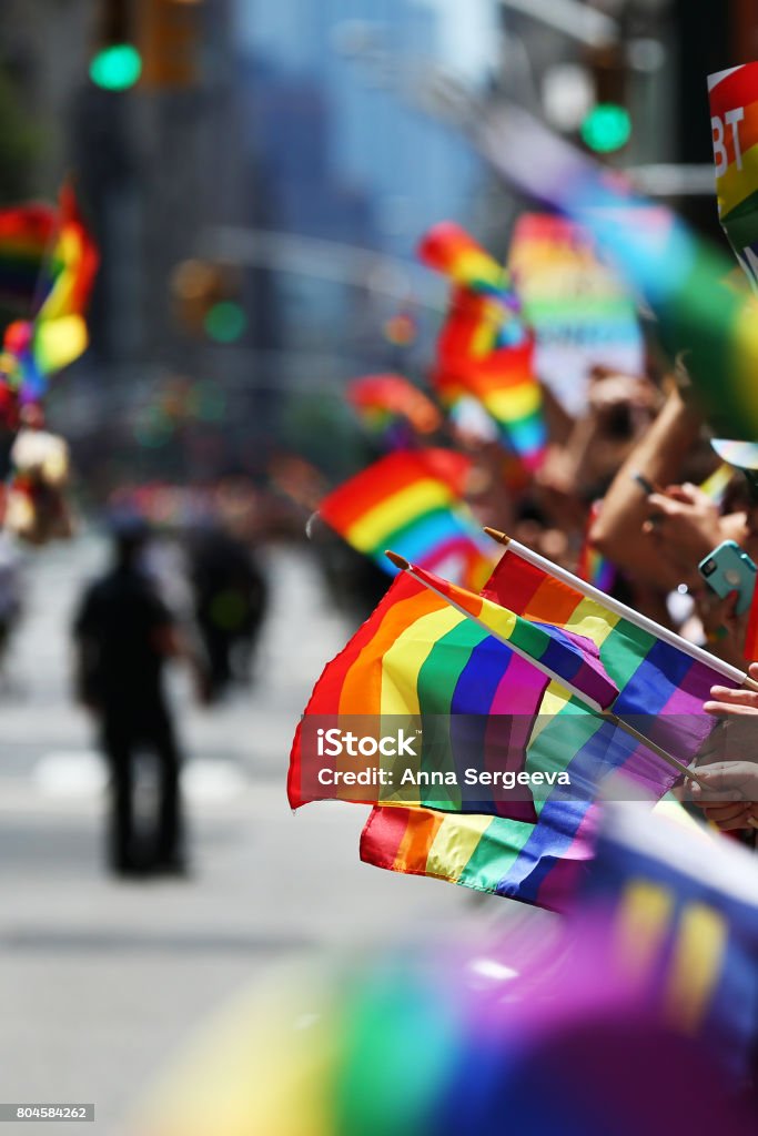 Pride parade Gay rainbow flags are seen during New York Pride Parade LGBTQIA Pride Event Stock Photo