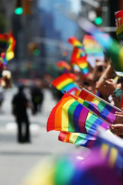 Gay rainbow flags are seen during New York Pride Parade