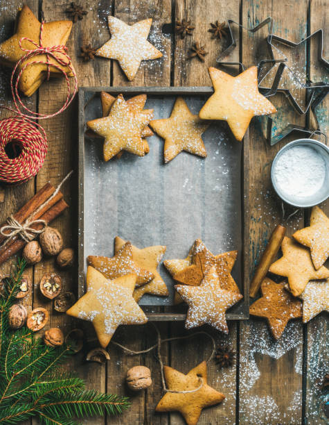 istock Christmas background with wooden tray in center, copy space 804592232