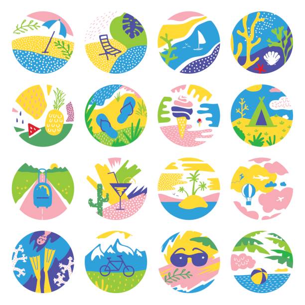 летние каникулы круг иконы - flying vacations doodle symbol stock illustrations