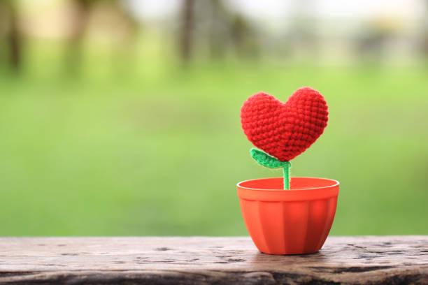 istock Handmade crochet heart on Green background for Valentines day 804612958