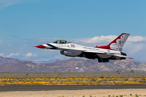 Los Angeles, California,USA - March 25,2017. Thunderbirds F-16 jet fighter take-off during 2017 Los Angeles Air Show in Los Angeles, California. The 2017 Los Angeles Air Show features 2 days of military aircraft perfroming for the general public and includes the Thunderbirds and US Navy F-18 Hornet Flight Demonstration Teams.