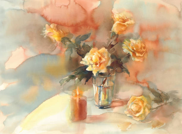 istock Rose flower in vase with candle watercolor illustration. 804621846
