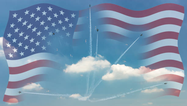istock Fighter plane formation flying in the sky with USA flag background 804643954