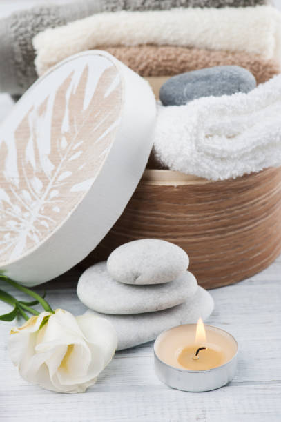 istock Set of bathroom accessory on wooden background 804655526
