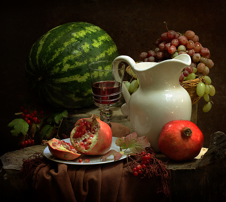 Still life with watermelon and pomegranate