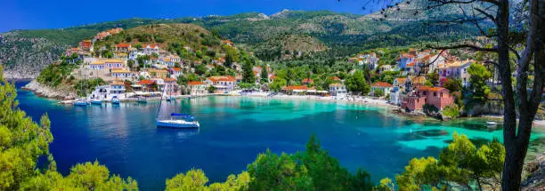 Photo of colorful Greece series - colorful Assos with beautiful bay. Kefalonia island