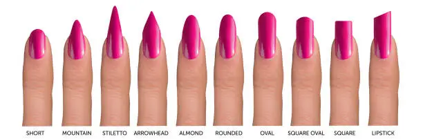 Pink 10 fingernails with different salon nail shapes