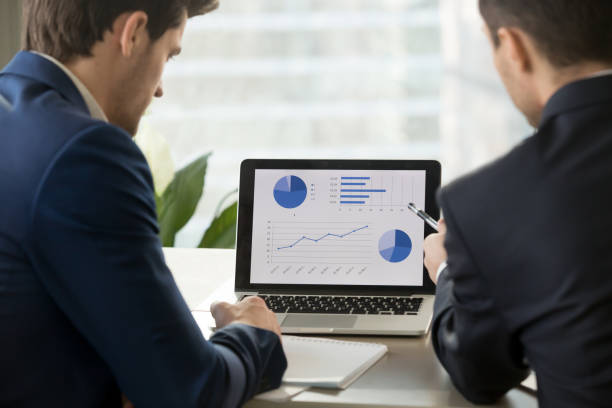 Two businessmen analyzing stats on laptop, accounting software, rear view