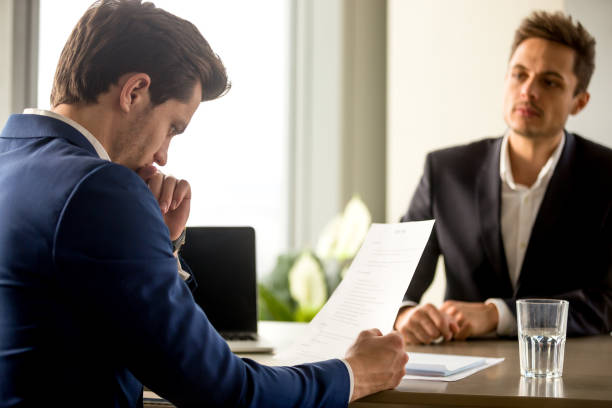 istock Skilled successful human resource manager analyzing resume at job interview 804671826