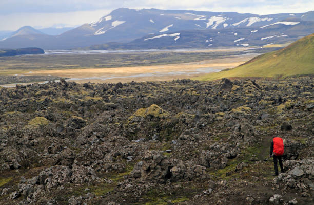 istock Hiker in front of lava field, Iceland 804674688