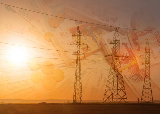 istock High-voltage power transmission line. Energy pillars. At sunset, Russian ruble 804689982