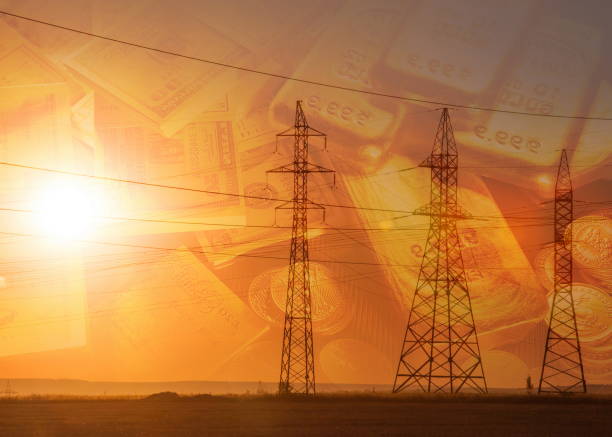 istock High-voltage power transmission line. Energy pillars. At sunset, 804690188