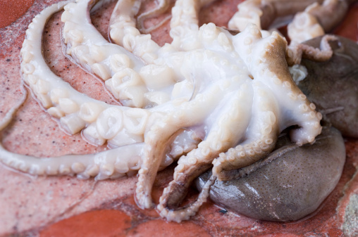 Sun-dried hanging octopus arms by the sea in Thessaloniki, Halkidiki, Greece. Dining table defocused in the background.