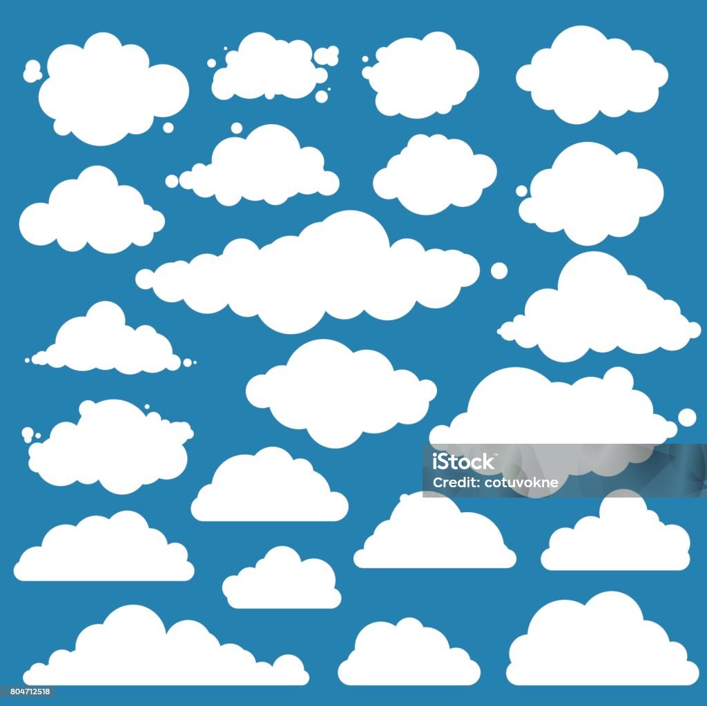 Set for blue sky, different clouds. Flat graphic vector elements Set for blue sky, different clouds icons, cloud shapes, labels, symbols, icons. Flat graphic vector elements Bubble stock vector