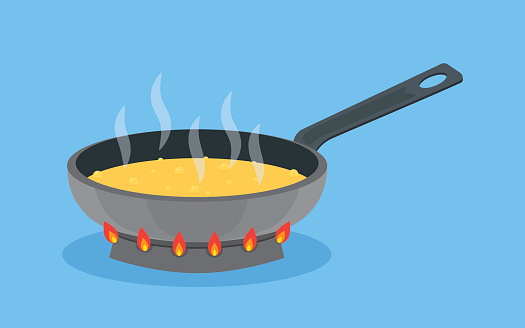 Frying pan with butter on fire in the process of frying, cooking food, vector illustration