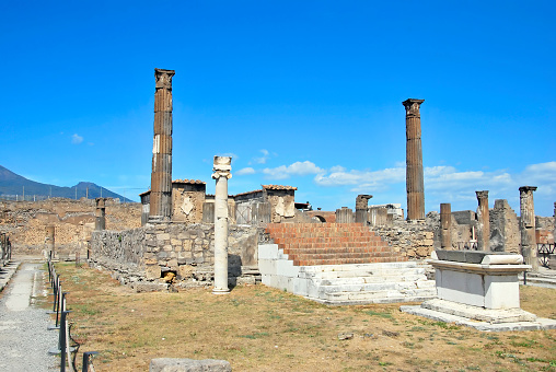 Temple of Apollo in Pompeii with an altar and a sundial. Italy.