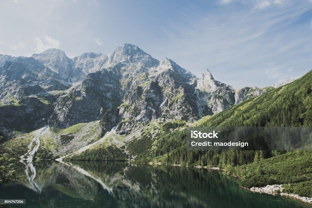 Panoramic view of Morskie Oko lake, Carpathian Mountain Range, Tatra, Carpathian Mountain Range Stock Photo