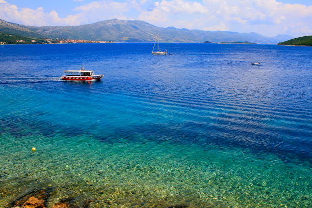 Boat crossing and yacht in Idyllic Adriatic sea, turquoise translucent mediterranean beach, Elafiti islands (  Kolocep, Sipan and Lopud ) panorama – Dalmatia, Croatia Boat crossing and yacht in Idyllic Adriatic sea, turquoise translucent mediterranean beach, Elafiti islands (  Kolocep, Sipan and Lopud ) panorama – Dalmatia, Croatia dubrovnik lopud stock pictures, royalty-free photos & images