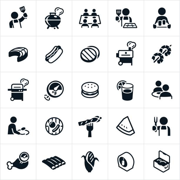 Grilling Icons A set of grilling icons. The icons include people grilling, grills, BBQ, hamburgers, hotdog, salmon, ribs and chicken to name a few. chef symbols stock illustrations