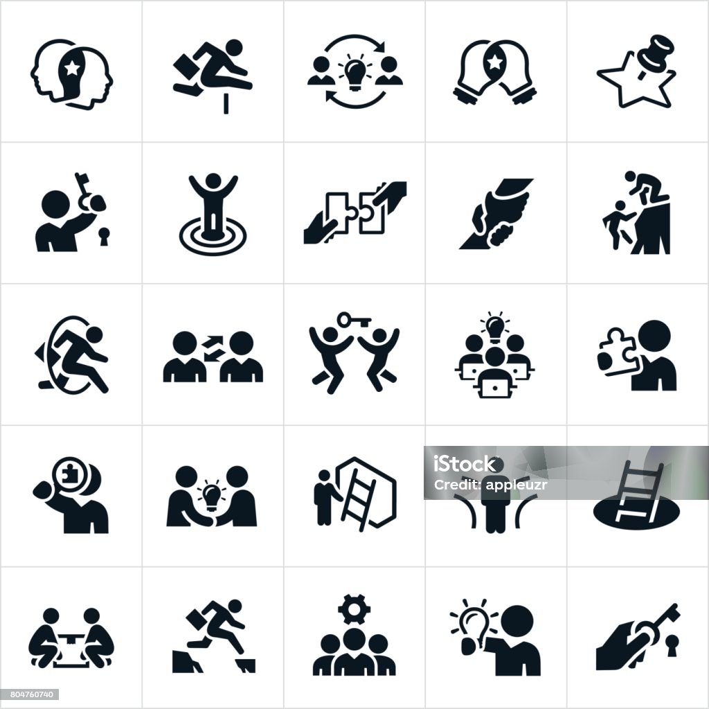 Business Solutions Icons An icon set of business solution themes. The icons include business people working together to solve problems, combining ideas, overcoming obstacles, and finding answers to problems. Icon Symbol stock vector