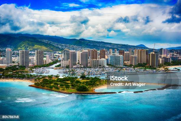 Skyline Aerial Of Honolulu Hawaii Stock Photo - Download Image Now - Hawaii Islands, Honolulu, Urban Skyline