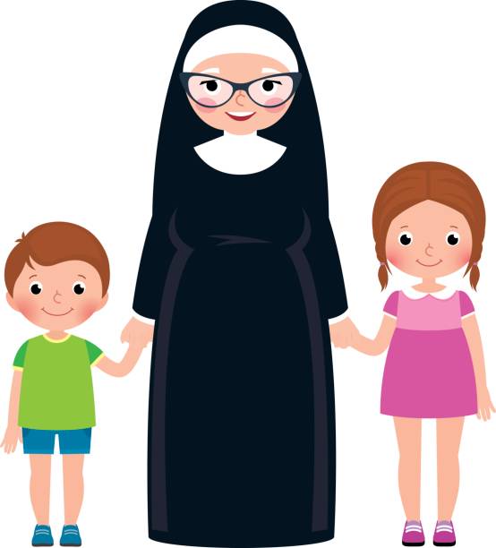 Senior nun holding hands boy and girl children Senior nun holding hands boy and girl children vector cartoon illustration nun catholicism sister praying stock illustrations