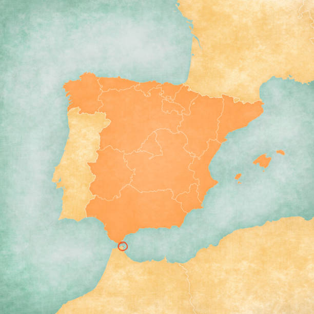 Map of Iberian Peninsula - Ceuta Ceuta (Spain) on the map of Iberian Peninsula in soft grunge and vintage style on old paper. ceuta map stock illustrations