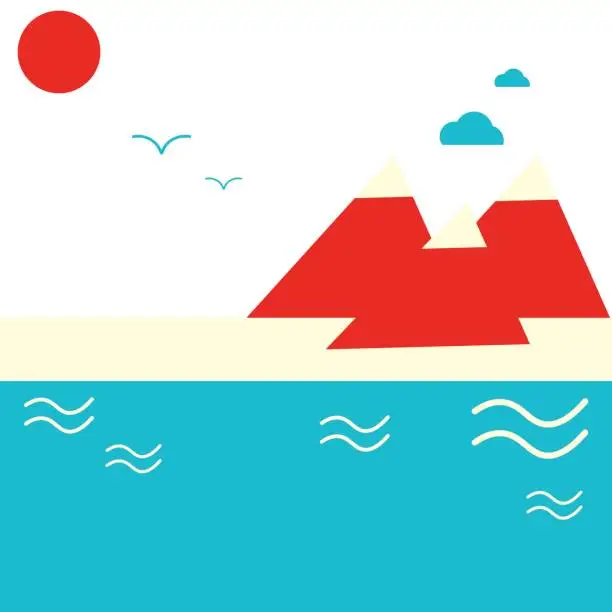 Vector illustration of Abstract minimalistic illustration: Mountains and seaside or lakeside. Great as sea beach resort poster or mountain resort promotion. Summer recreation or vacation theme. Constructivism styled.