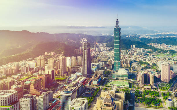 Aerial view over Downtown Taipei at dawn