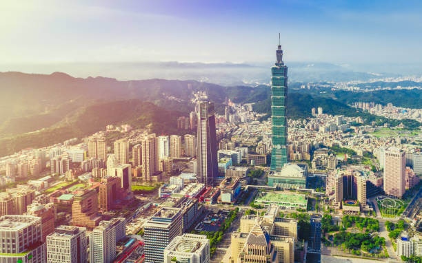 Aerial view over Downtown Taipei at dawn stock photo