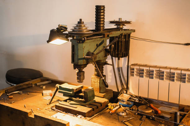 istock Workplace with a drill and vice. Work at a factory. Drilling Machine 804824544