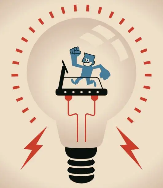 Vector illustration of Exercise your creativity, smiling businessman (man, designer) jogging on treadmill at bulb
