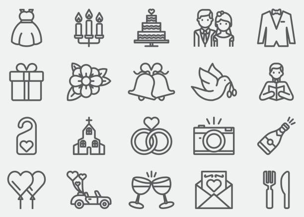 ilustrações de stock, clip art, desenhos animados e ícones de wedding line icons - bouquet wedding bride single flower