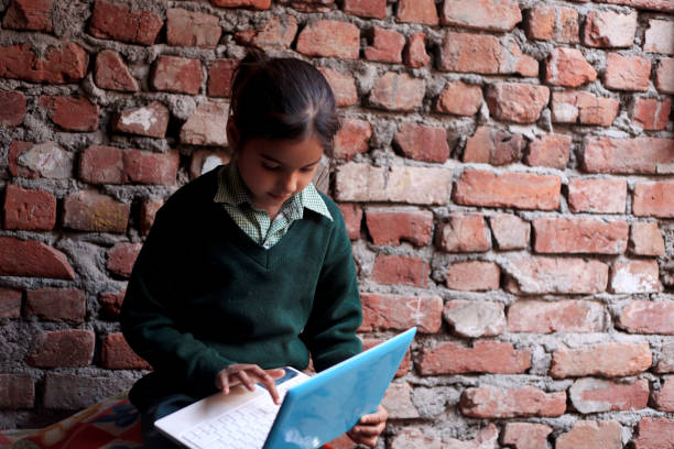 Little girl using laptop at home