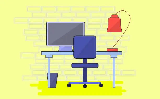 Vector illustration of Workspace for freelancer with computer and lamp wall background.  Flat Style