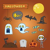 istock Vector set of characters and icons for Halloween in cartoon style. Pumpkin, ghost, candy, Frankenstein, Skeleton and other traditional elements of Halloween. Children in costumes for Halloween. 804875426