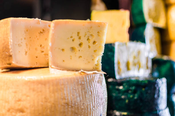 istock Selection of traditional Italian cheeses on a display, selective focus 804875690
