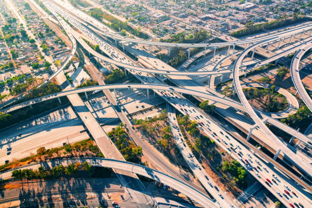 istock Aerial view of a freeway intersection in Los Angeles 804876050