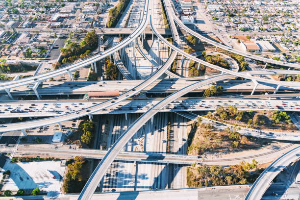 istock Aerial view of a freeway intersection in Los Angeles 804876052