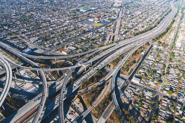 istock Aerial view of a freeway intersection in Los Angeles 804876102