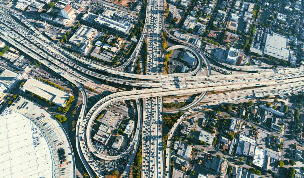 istock Aerial view of a freeway intersection in Los Angeles 804878130