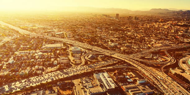 istock Aerial view of a freeway intersection in Los Angeles 804878158
