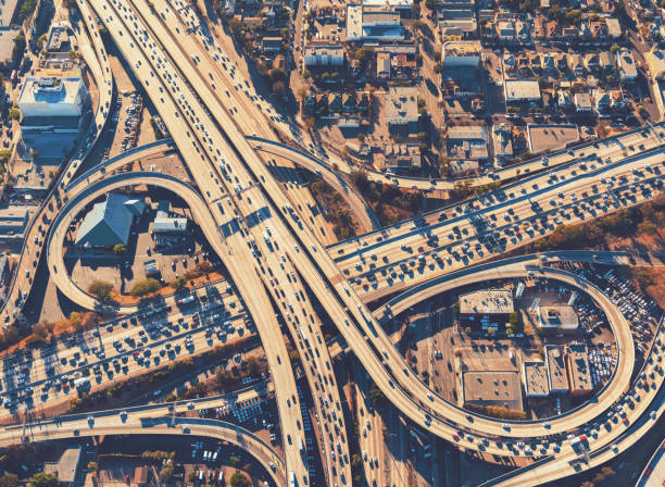 istock Aerial view of a freeway intersection in Los Angeles 804878166