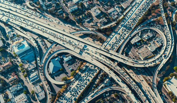 istock Aerial view of a freeway intersection in Los Angeles 804878174
