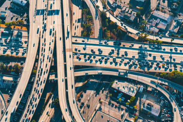 istock Aerial view of a freeway intersection in Los Angeles 804878228