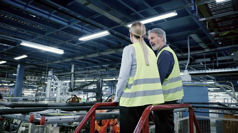 CS Male and female engineer checking the work process of the industrial robots in the factory